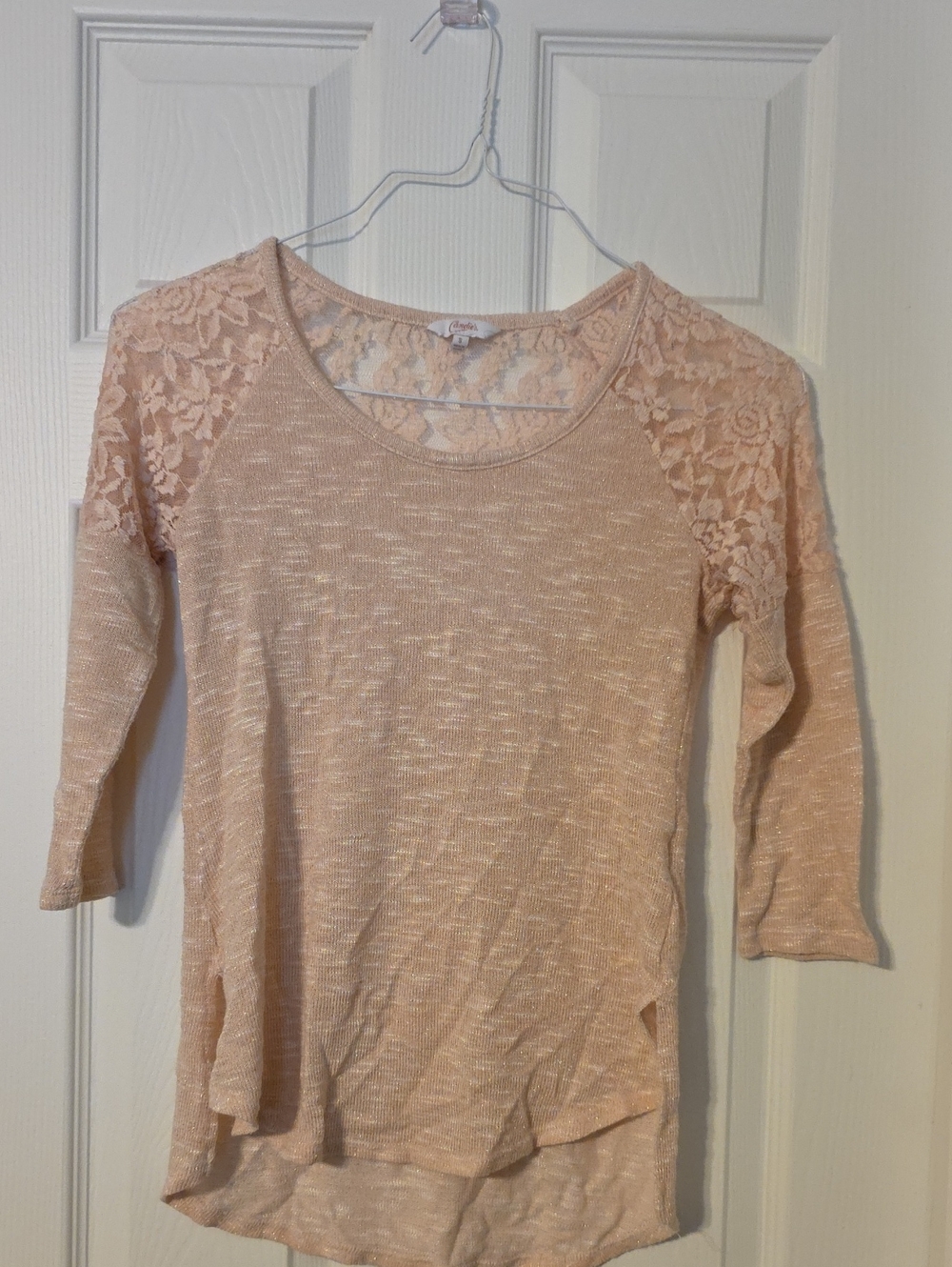 Candie's Pale Pink Lace-Shoulder Long Sleeve Top